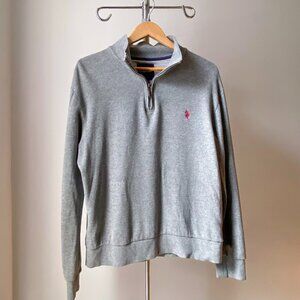 ❄️ Gray Cotton Zip-Up Preppy Sweater with Red Embroidered Logo